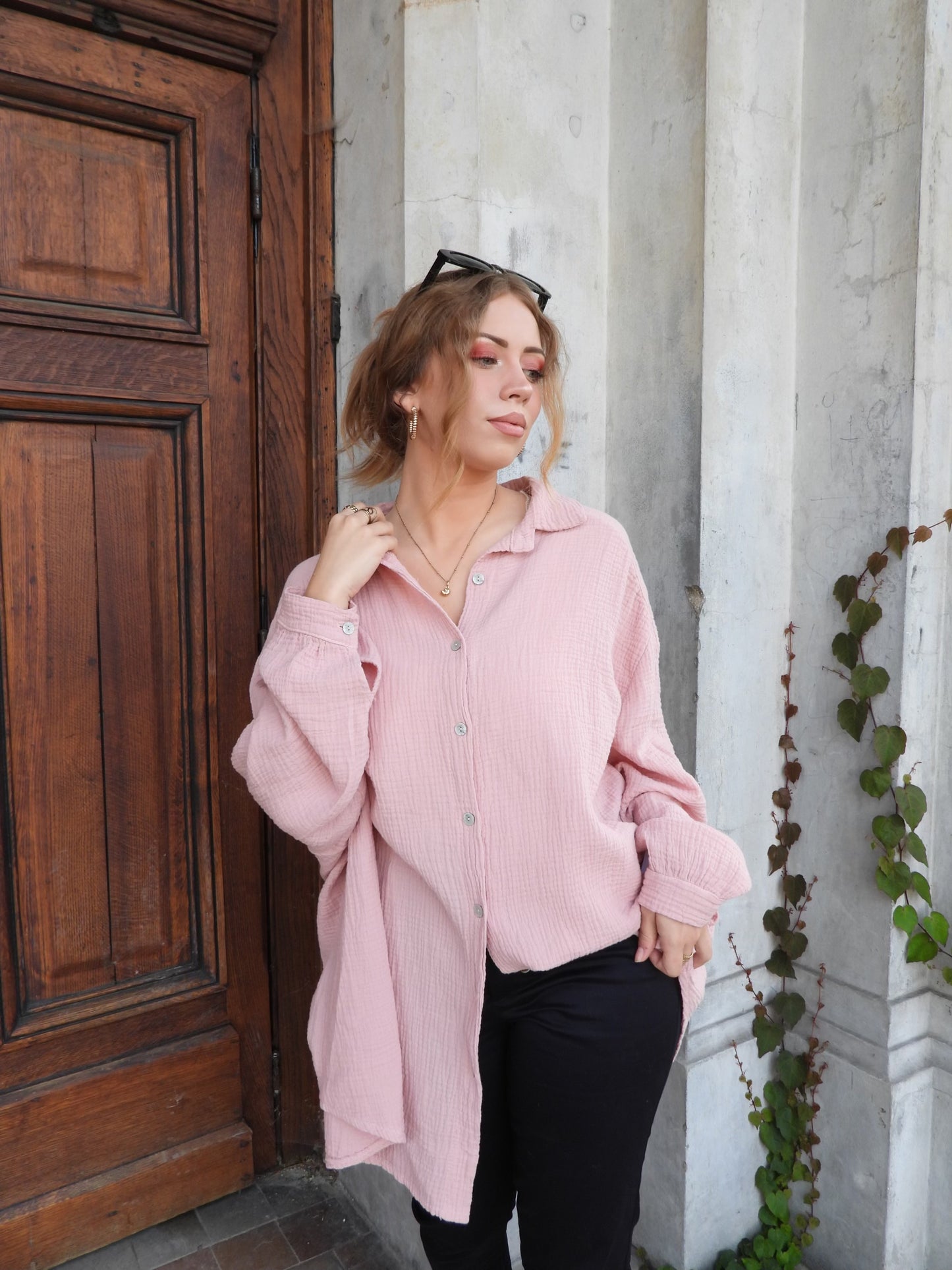 Chemise en gaze de coton rose blush