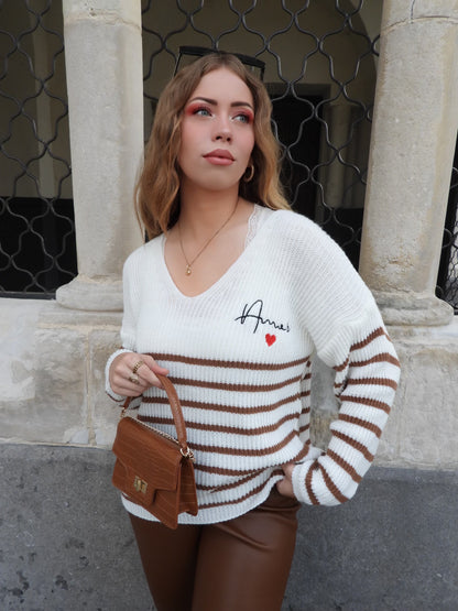 Pull col marinière "Amour" Camel